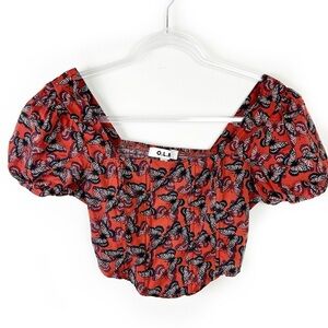 O.L.M. Puff sleeve burnt orange butterfly crop corset top blouse size: M